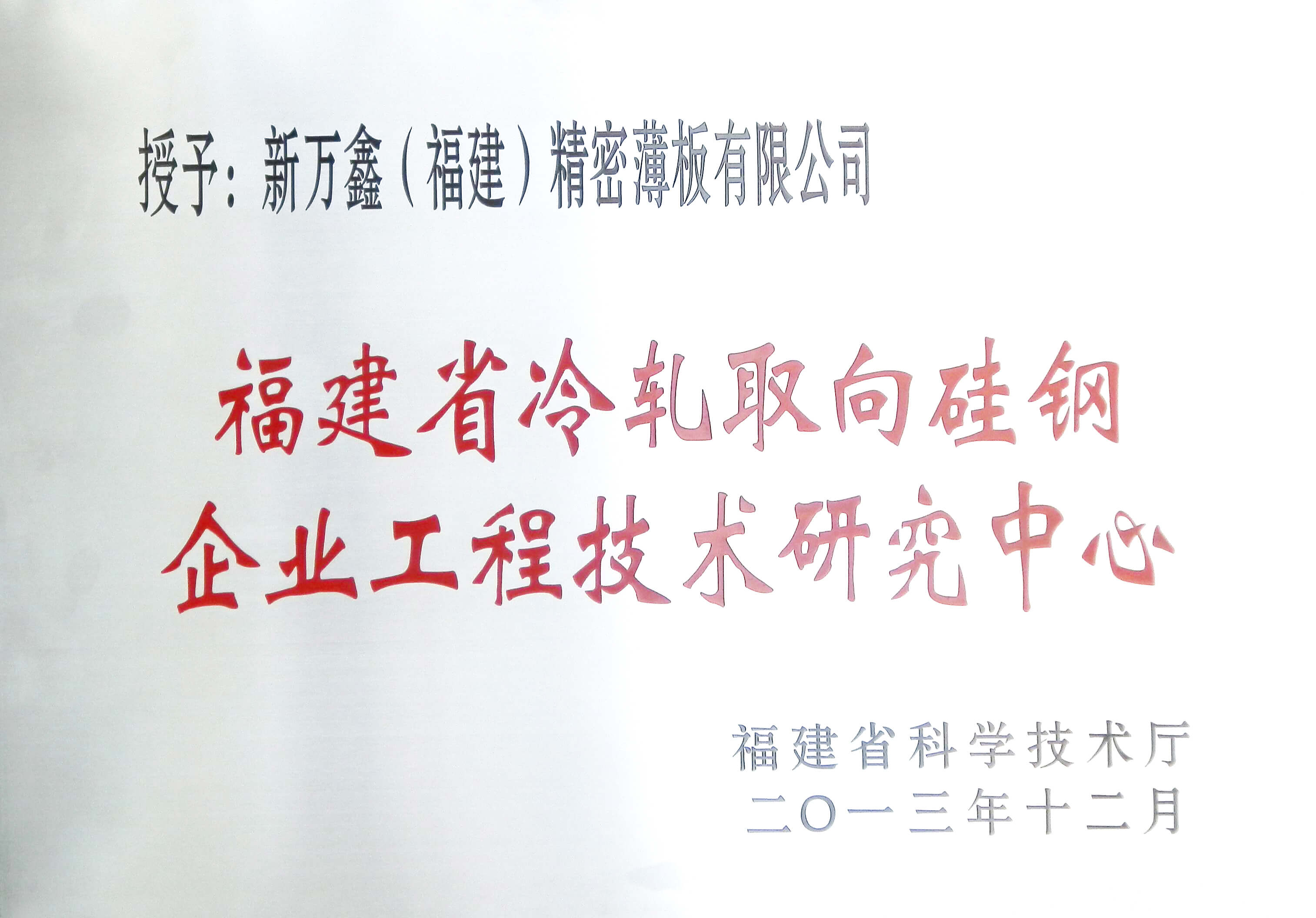 2013福建省冷轧取向硅钢企业工程技术研究中心