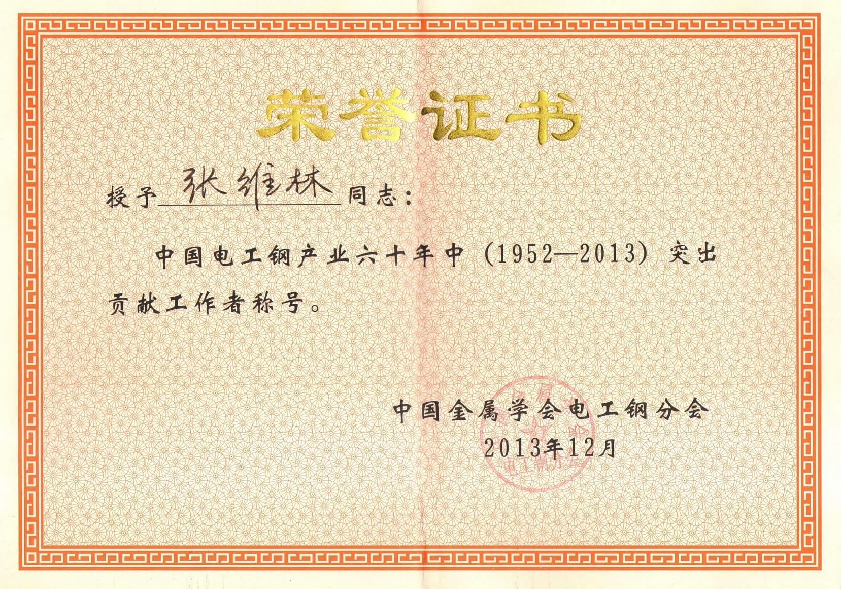 2013中国六十年电工钢突出贡献者证书